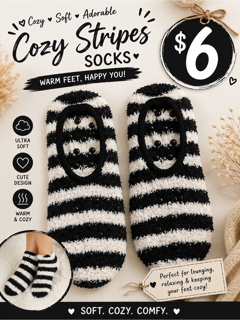 🩷. Cozy Stripes Non-Slip Lounge Socks - Black & White